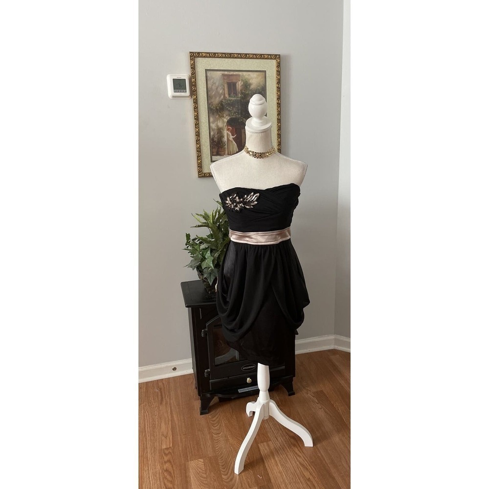 Teeze Me Women Black Cocktail Dress 7 Off Shoulder Waist Tie Back Open Zipper